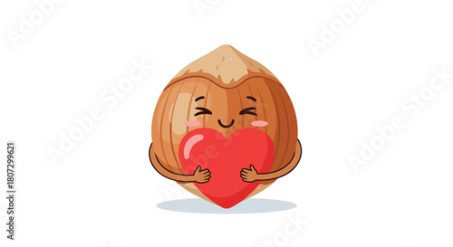 An adorable hazelnut cartoon character with a blushing happy face lovingly hugs a shiny red heart in a cute animation loop.