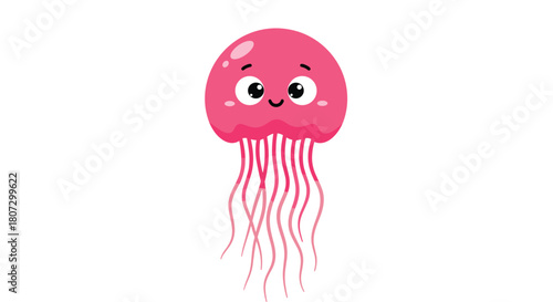 A cute pink jellyfish cartoon character with big eyes and a sweet smile gently floats and wiggles its tentacles in water.