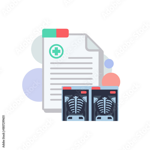 Medical file with x-ray images and health report in background  