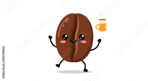 An adorable coffee bean character dances happily next to a steaming mug of hot coffee in a cute looping animation.