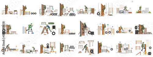 Flat illustration set of soldiers completing various challenges on a rugged military obstacle course during intensive training drills.