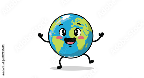 A cute and happy planet Earth cartoon character with a joyful face and blushing cheeks dances happily in a looping animation.
