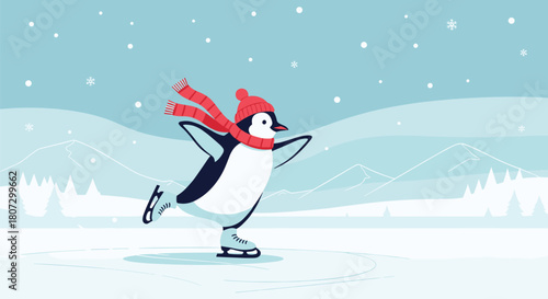 A graceful cartoon penguin wearing a red hat and scarf ice skates on a frozen lake in a snowy winter landscape animation.
