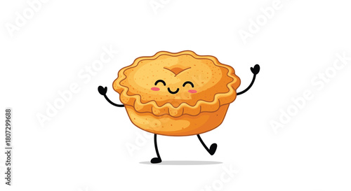 A cute and happy little pie character with a sweet smiling face and rosy cheeks dances joyfully in a fun looping animation.