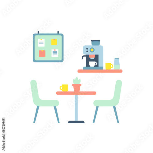 Cozy break room with coffee machine and chairs for relaxation  