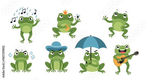 A collection of eight cute green frog cartoon characters showing a wide range of emotions like happy angry and sad.