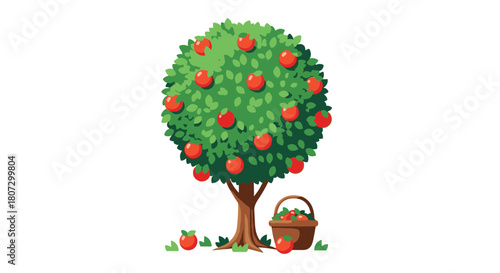 A lush green cartoon apple tree full of ripe red apples with a wicker basket of freshly picked fruit at its base.