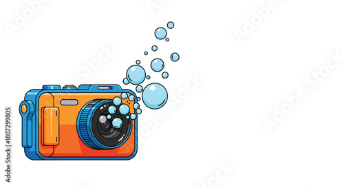 A bright orange and blue underwater camera is shown with bubbles floating up from it in a clean vector illustration.
