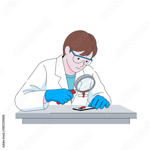Forensic technician examining evidence with magnifying glass in laboratory  