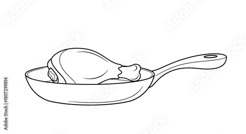 A simple black and white line art illustration of a raw chicken drumstick sitting inside a frying pan ready for cooking.