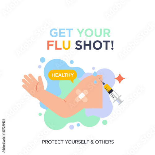 Flu shot poster with cartoon arm getting vaccinated and health message  