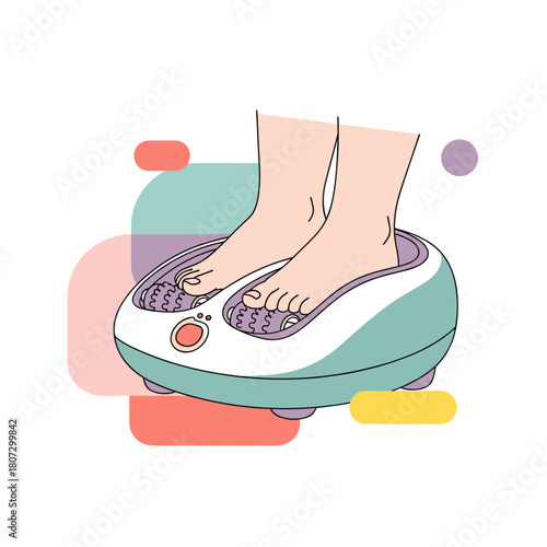 Feet relaxing on foot massager therapy device in colorful background  