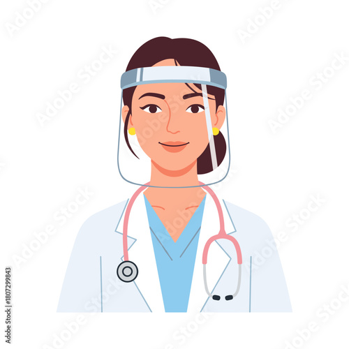 Female doctor wearing a face shield and stethoscope in healthcare setting  