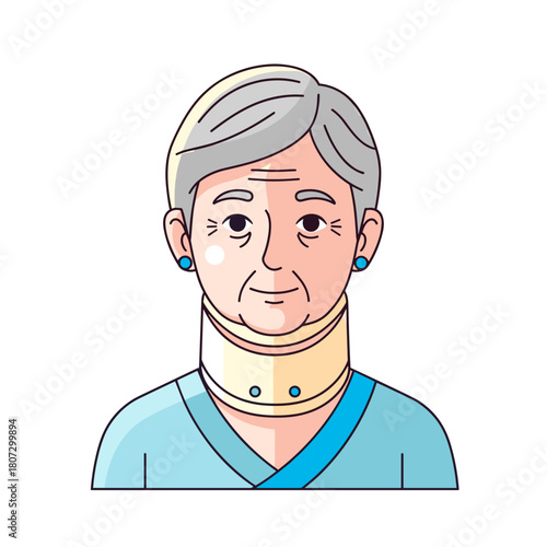 Elderly man wearing neck brace and smiling in light blue outfit  