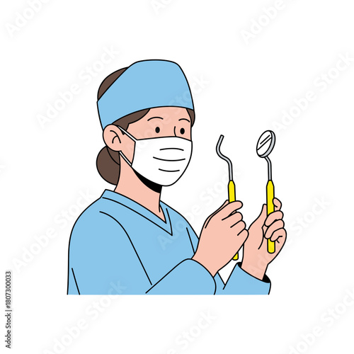 Dental assistant holding tools in blue scrubs in dental clinic  