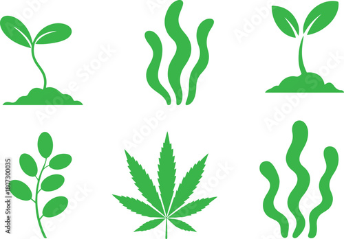 Green Plant Icon Set – Cannabis Leaf, Hemp, Seedling, Sprout, Algae & Organic Nature Vector Silhouettes
