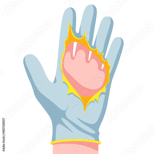 Torn latex glove exposing hand with bright outline in illustration  