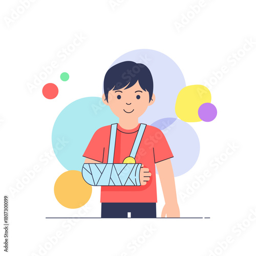 Young boy smiling with arm cast and sling on colorful background  