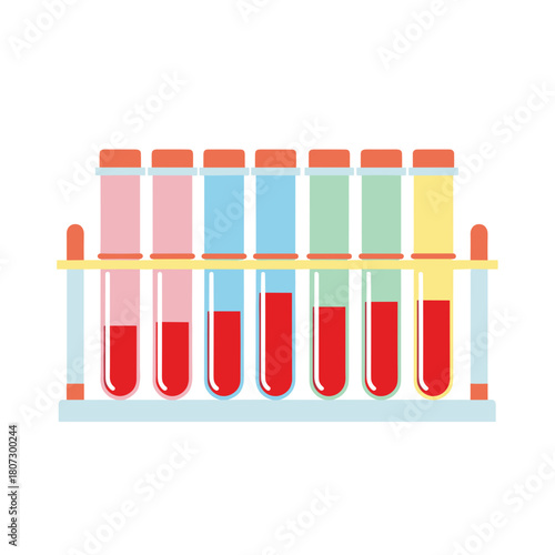 Colorful blood test tubes arranged in a rack for medical analysis  
