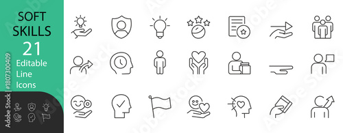Soft Skills editable line icon set. Contains symbols for communication, leadership, problem solving, empathy, time management, and motivation. Line vector for HR and business.