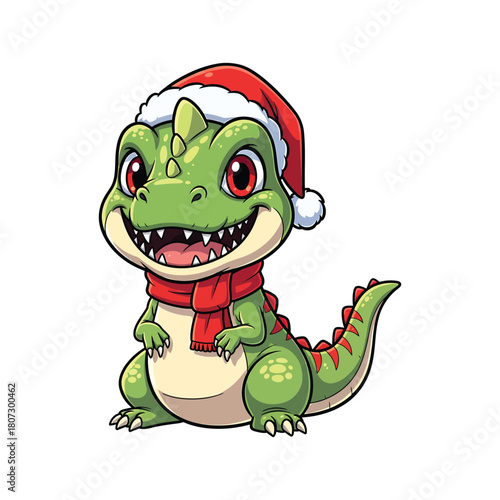 Cartoon dinosaur wearing a santa hat and scarf 
