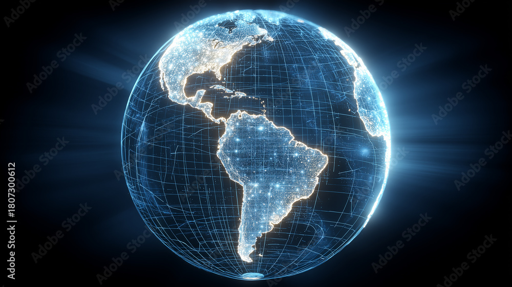 Fototapeta premium A digital globe highlighting Latin America with bright connection points, symbolizing regional innovation, cross border data exchange