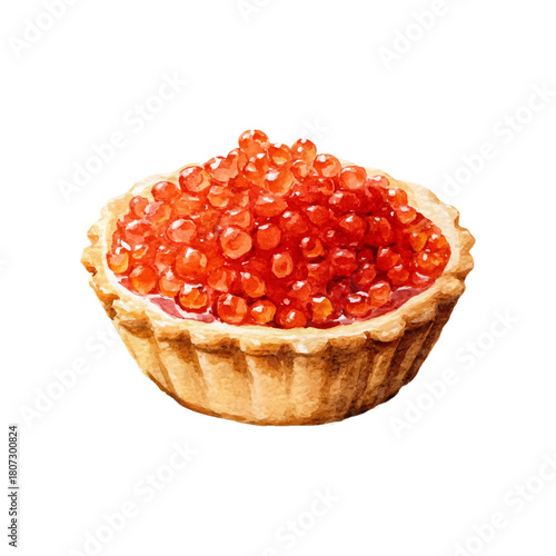 Red caviar tartlet watercolor drawing, showcasing a classic gourmet appetizer with vibrant fish eggs, ideal for refined culinary themes and festive occasions on a transparent background