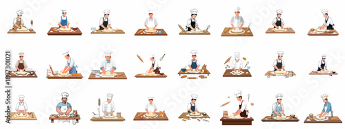 Set of professional male bakers kneading dough on wooden tables, preparing various bakery goods like bread and cookies.