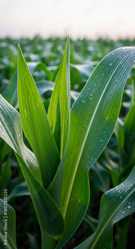 Fototapeta premium Close-up of green corn plant leaves with water droplets, showcasing fresh, sustainable agriculture and symbolizing growth and nature's bounty