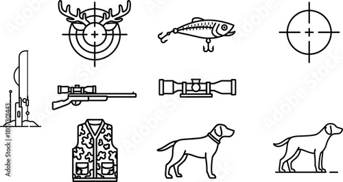 Hunting and fishing line icon set. Vector pictograms of deer target, fishing lure, rifle scope, camouflage clothing, hunting dog, thin linear illustration.