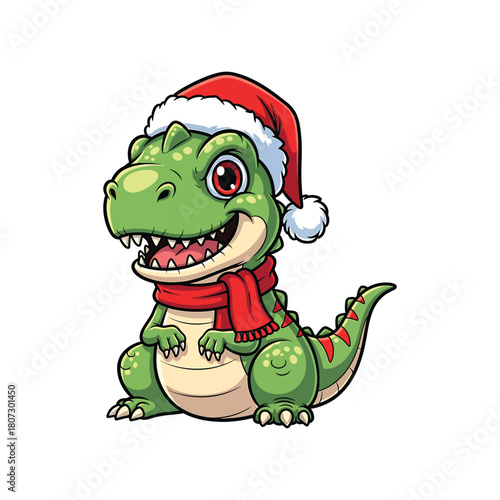 Cartoon dinosaur wearing a santa hat and scarf 