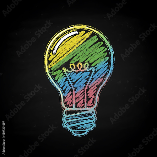 Hand-Drawn Colorful Chalk Lightbulb on Blackboard for Idea and Innovation Concept, Vibrant Vector Sketch of a Glowing Bulb Symbolizing Creativity and Energy, ideas, innovation, creativity, solutions, 