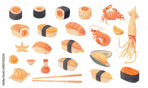 A large set of sushi and seafood in pastel colors on a white background. Traditional Asian cuisine. Nigiri, maki rolls, gunkan, shrimp, squid, crab, and more.