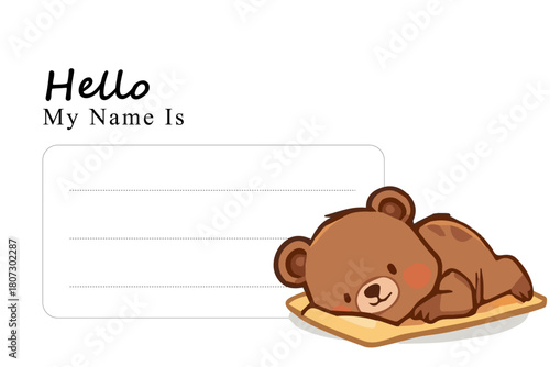 Cute Cartoon Bear Holding Food Items on a Name Tag Template for student school