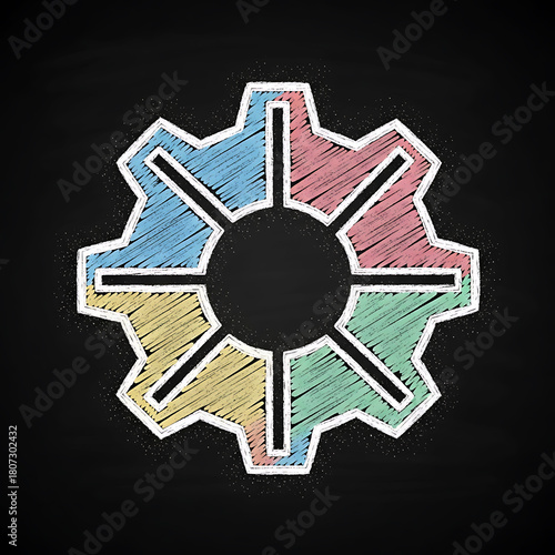 Hand-Drawn Colorful Chalk Gear Icon on Blackboard for Settings and Mechanism, Vibrant Vector Sketch of a Cogwheel Symbolizing Technology and Work, settings, mechanism, technology, maintenance.