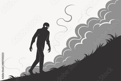 Creepy Silhouette Figure Walking Through Smoke Vector Illustration Isolated on White Background