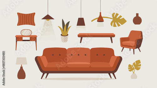 Cozy midcentury modern living room interior design with furniture and decor