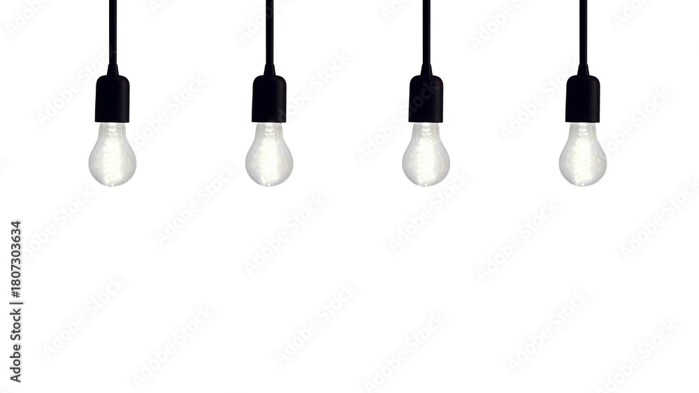 Naklejka premium A row of four vintage style incandescent light bulbs shining brightly, a concept for energy, solutions, and inspiration