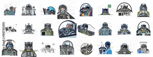 Vector illustrations of fighter pilots in cockpits, wearing helmets and masks, operating controls and radar, representing aviation and military service.