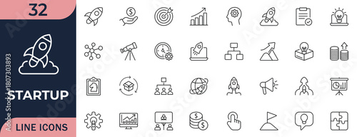 Line-style startup icons. for goal, marketing, profit, success, team, idea, launch, innovation, planning, project, mission, and performance visuals.