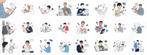 Journalists and Reporters Collection: Vector illustrations of men writing notes, conducting interviews, and gathering news for media and broadcasting.
