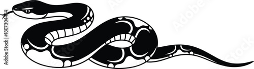 Black and white snake vector illustration, stylized reptile silhouette with tribal markings, dangerous serpent design for tattoo or logo, isolated on white background