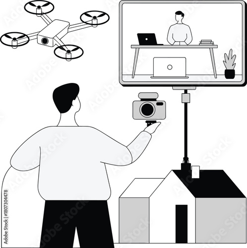 Drone filming scene, person with stabilizer camera, livestream setup, remote video call, digital media concept, flat vector illustration, black and white
