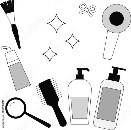Hairdryer, shampoo, makeup brush, beauty tools, grooming items, hygiene accessories, salon essentials, cosmetics, sparkle icons, flat vector illustration