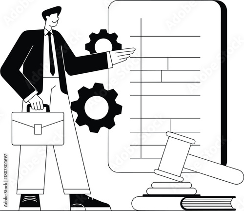 Legal process scene, business person with briefcase, document chart, gears and gavel, regulatory compliance concept, flat vector illustration