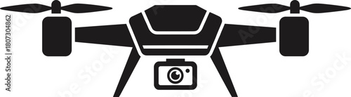 Black silhouette vector illustration of a quadcopter drone with camera, isolated aerial technology icon for surveillance and design on white background
