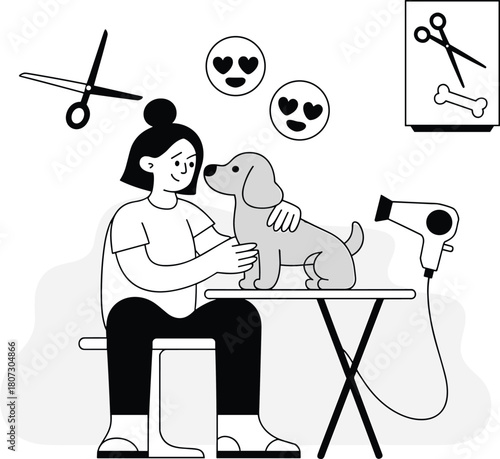 Dog grooming session, pet care tools, affectionate interaction, scissors and hairdryer, heart emoji faces, flat vector illustration, black and white