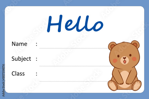 Cute Cartoon Bear Holding Food Items on a Name Tag Template for student school
