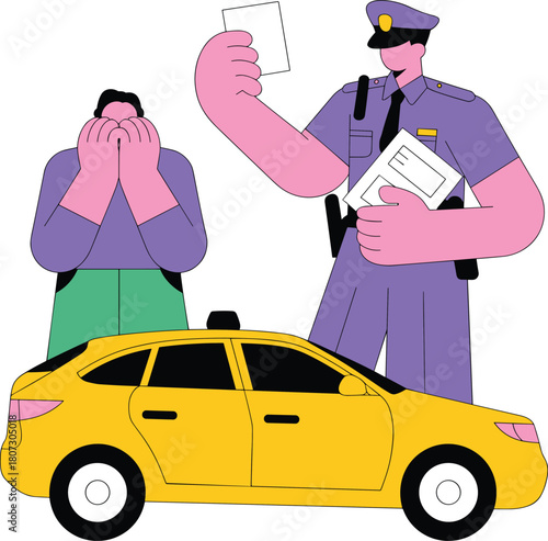 Police officer issuing ticket, distressed person, traffic violation scene, yellow taxi, law enforcement interaction, flat vector illustration, modern design