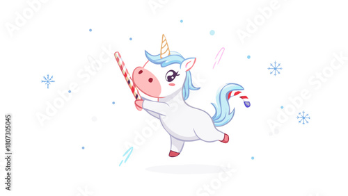 A baby unicorn with a candy-cane horn dancing in falling snow .vector icon